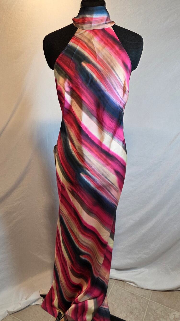 Club L London Melanie Maxi Dress UK 10 US 6 Striped Halter Open Back NWT